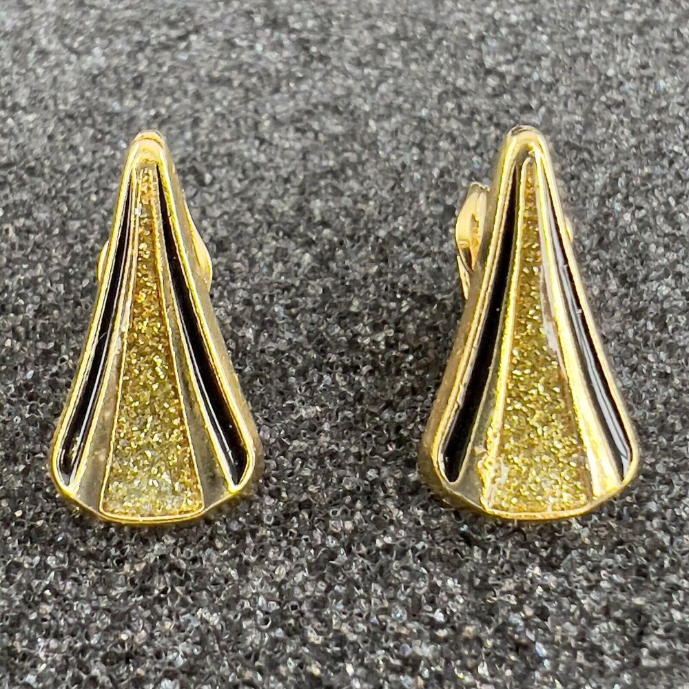 Vintage Van Doran Genuine Diamond Dust Clip On Earrings Gold Tone/Black Retro